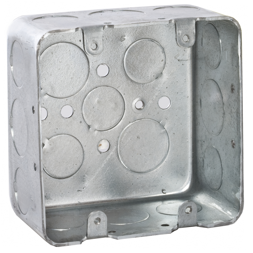 4 in. Square Box, 2-Device Switch Box, Drawn, 2-1/8 in. Deep, Eleven 1/2 & Six 3/4 in. KO's