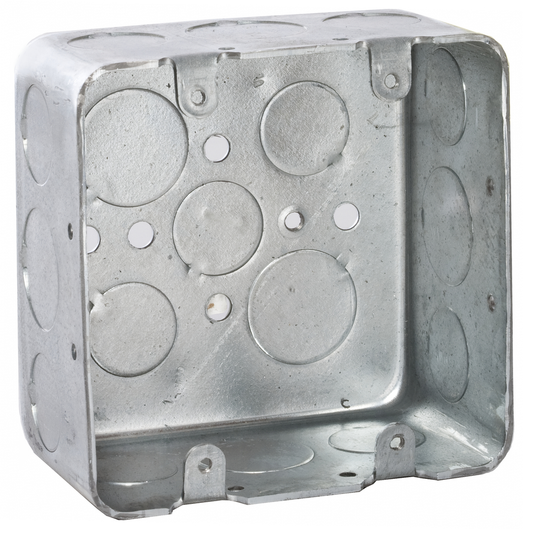 4 in. Square Box, 2-Device Switch Box, Drawn, 2-1/8 in. Deep, Eleven 1/2 & Six 3/4 in. KO's