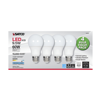 9.5 Watt; A19 LED; Frost; 5000K; Medium base; 220 deg. Beam Angle; 120 Volt; Non-Dimmable; 4-Pack