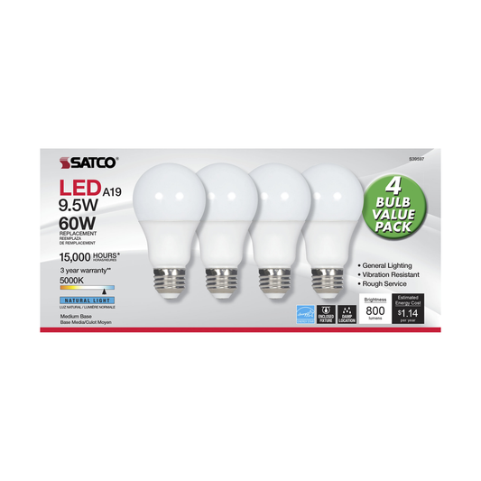 9.5 Watt; A19 LED; Frost; 5000K; Medium base; 220 deg. Beam Angle; 120 Volt; Non-Dimmable; 4-Pack