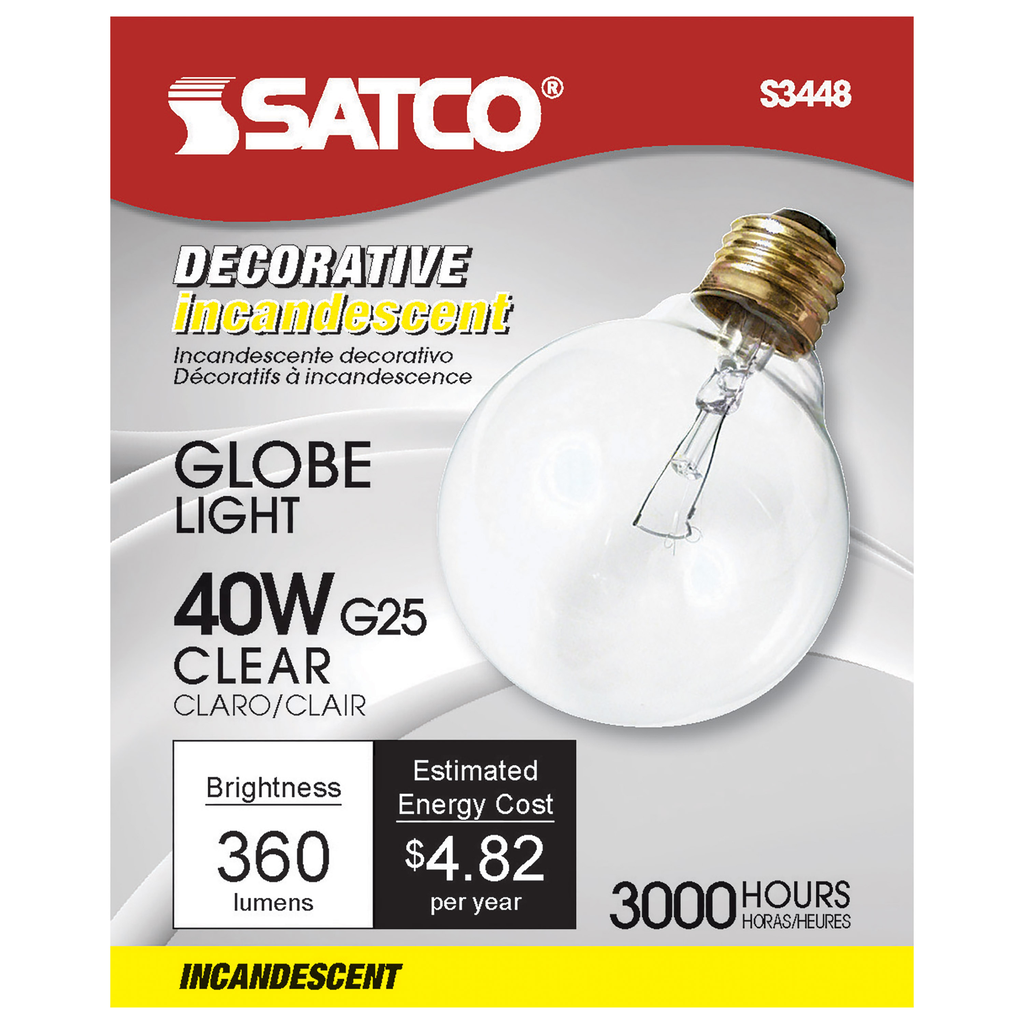 40 Watt G25 Incandescent; Clear; 3000 Average rated hours; 360 Lumens; Medium base; 120 Volt