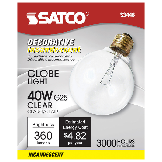 40 Watt G25 Incandescent; Clear; 3000 Average rated hours; 360 Lumens; Medium base; 120 Volt