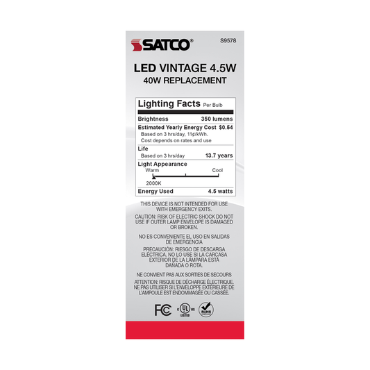 4.5 Watt ST19 LED; Transparent Amber; Medium base; 2000K; 350 Lumens; 120 Volt