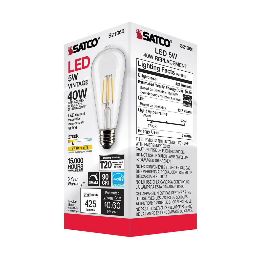 5 Watt ST19 LED; Clear; Medium base; 90 CRI; 2700K; 120 Volt