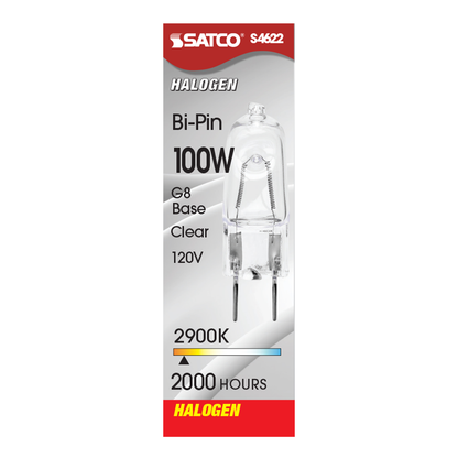 100 Watt; Halogen; T4; Clear; 2000 Average rated hours; 1700 Lumens; Bi Pin G8 base; 120 Volt