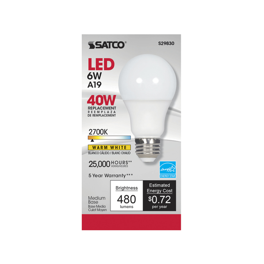 6 Watt; A19 LED; 2700K; Medium base; 220 deg. Beam Angle; 120 Volt