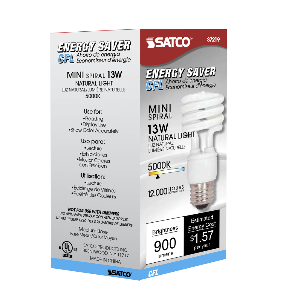 13 Watt; Mini Spiral Compact Fluorescent; 5000K; 82 CRI; Medium base; 120 Volt