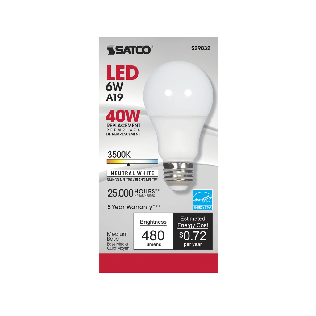 6 Watt; A19 LED; 3500K; Medium base; 220 deg. Beam Angle; 120 Volt