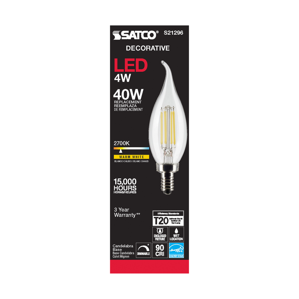 4 Watt CA10 LED; Clear; Candelabra base; 90 CRI; 2700K; 120 Volt