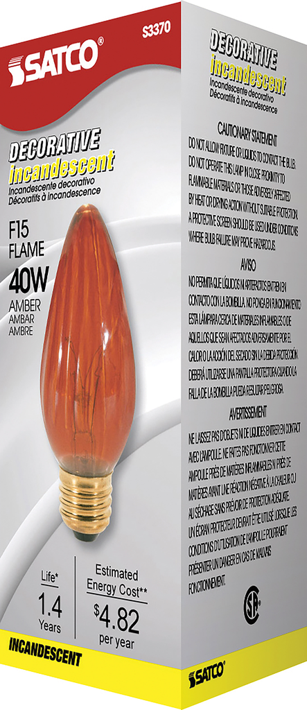 40 Watt F15 Incandescent; Amber; 1500 Average rated hours; Medium base; 120 Volt