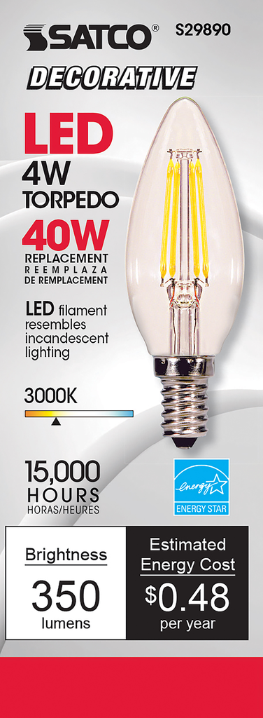 4 Watt B11 LED; Clear; Candelabra base; 3000K; 350 Lumens; 120 Volt
