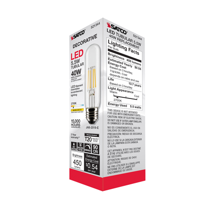 5.5 Watt T10 LED; Clear; Medium base; 90 CRI; 2700K; 120 Volt