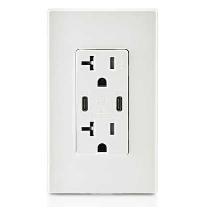 30W (6A) USB Dual Type-C/C Power Delivery Wall Outlet Charger with 20A Tamper-Resistant Outlet