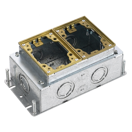 2-Gang, Rectangular Galvanized Stamped Steel Box, Deep, Fully Adjustable, Brass Top