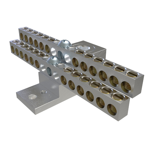 Aluminum Neutral Bar, Dual Rated, Main Conductor Range 350-6, Tap Range 4-14, 24 Tap Ports, 2 Holes, #10-32 Bolt, Tin Plated, UL, CSA
