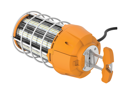 150 Watt LED Hi-Lumen temporary Hi-Bay Caged lamp; 5000K; Integrated Cord / Plug & Hook; 120 Volt