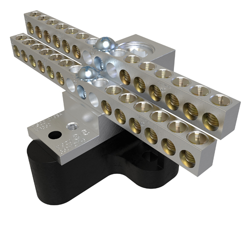 Aluminum Neutral Bar, Dual Rated, Main Conductor Range 350-6, Tap Range 4-14, 24 Tap Ports, 2 Holes, #10-32 Bolt, Tin Plated, UL, CSA, Includes R-16 Mounting Block