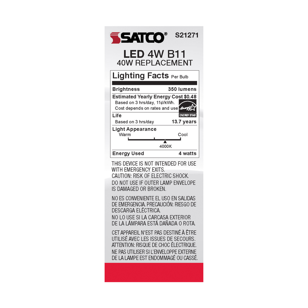 4 Watt B11 LED; Frost; Candelabra base; 90 CRI; 4000K; 120 Volt
