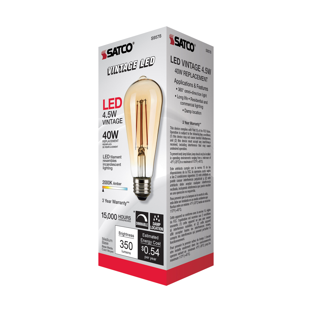 4.5 Watt ST19 LED; Transparent Amber; Medium base; 2000K; 350 Lumens; 120 Volt