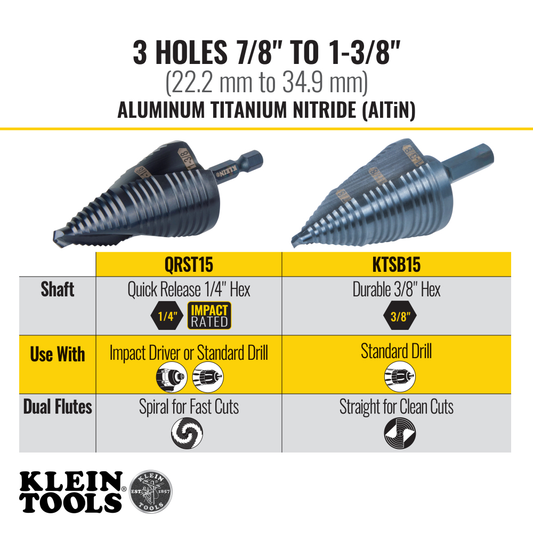 3-Step Drill Bit, 3/8-Inch Hex, Double Straight Flute, 7/8-Inch to 1-3/8-Inch