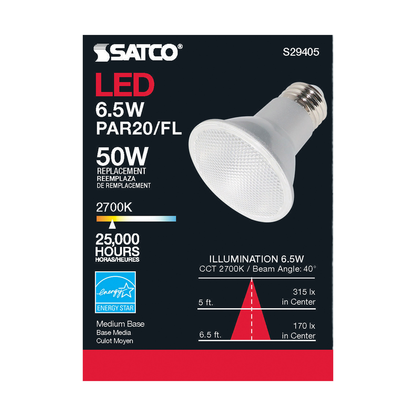 6.5 Watt; PAR20 LED; 2700K; 40 deg. Beam Angle; Medium base; 120 Volt