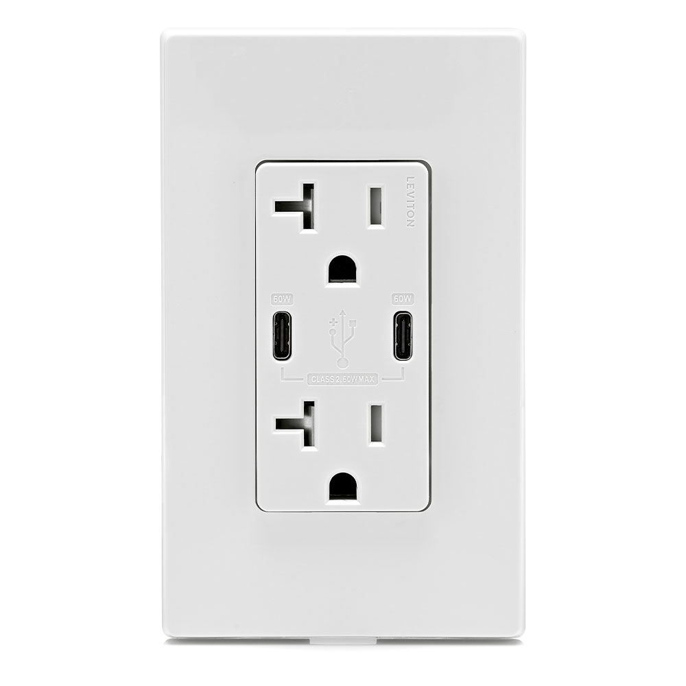 60W (6A) USB Dual Type-C/C Power Delivery Wall Outlet Charger with 20A Tamper-Resistant Outlet