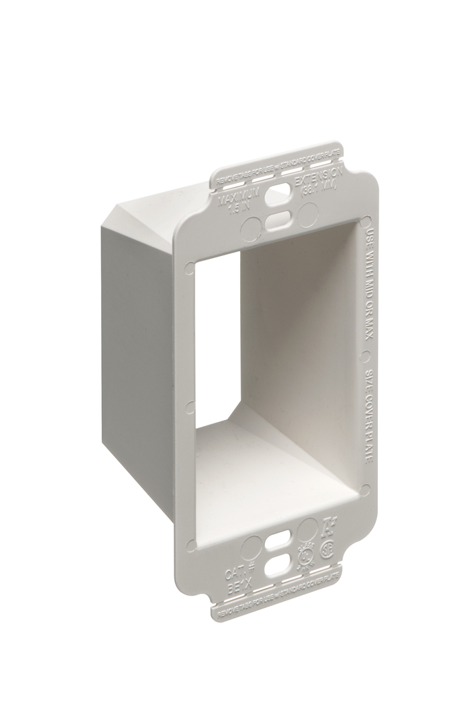 Better device support in oversized or misscut wall opennings. Box Extender, levels and supports the wiring device where the box is set back from the wall surface extends the box up to an 1-1/2. 2 hour fire rating. Single Gang.