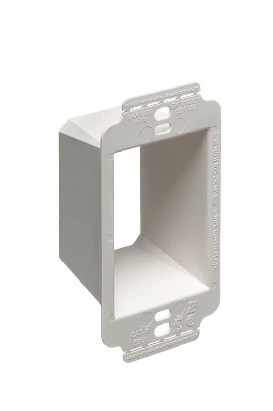 Better device support in oversized or misscut wall opennings. Box Extender, levels and supports the wiring device where the box is set back from the wall surface extends the box up to an 1-1/2. 2 hour fire rating. Single Gang.