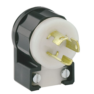 15 Amp, 277 Volt, NEMA L7-15P, 2P, 3W, Locking Plug, Industrial Grade, Grounding, Angle - BLACK-WHITE