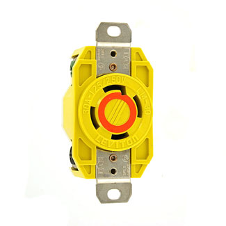 30 Amp, 125/250 Volt, NEMA L14-30R, 3P, 4W, Flush Mtg Locking Receptacle,Industrial Grade, Grounding, Corrosion-Resistant - YELLOW