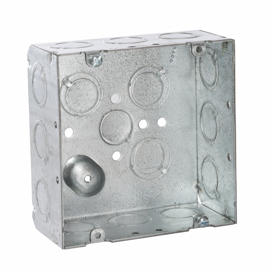 4-11/16 in. Square Box, Welded, 2-1/8 in. Deep with One 1/2 in. KO & Fifteen TKO's, Raised