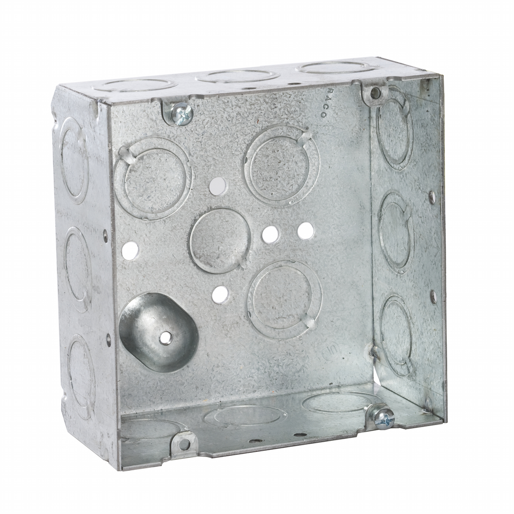 4-11/16 in. Square Box, Welded, 2-1/8 in. Deep with One 1/2 in. KO & Fifteen TKO's, Raised