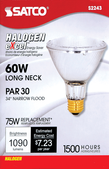 60 Watt; Halogen; PAR30; Clear; 1500 Average rated hours; 1090 Lumens; Medium base; 120 Volt