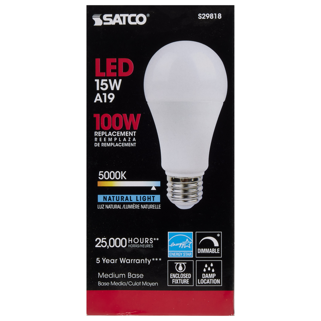 15 Watt; A19 LED; Frosted; 5000K; Medium base; 220 deg. Beam Angle; 120 Volt