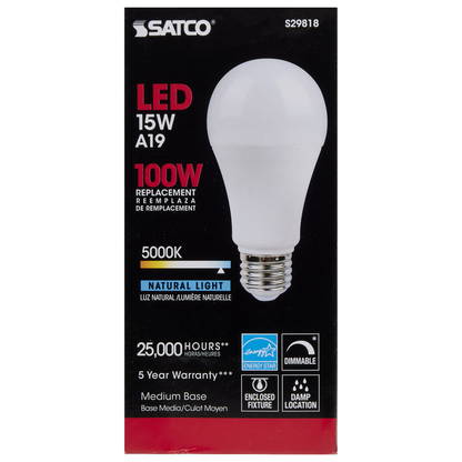 15 Watt; A19 LED; Frosted; 5000K; Medium base; 220 deg. Beam Angle; 120 Volt