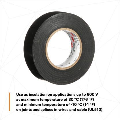 3M Temflex Vinyl Electrical Tape 165, Black, 3/4 in x 60 ft x .006 in, 100 Rolls/Case