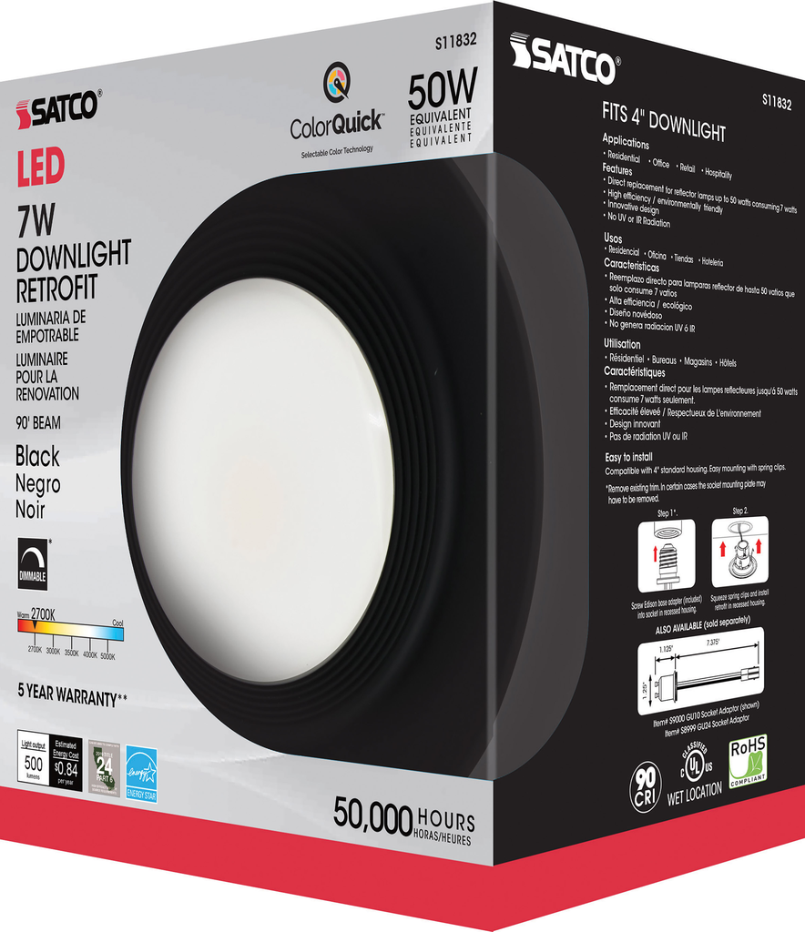 7 Watt; LED Downlight Retrofit; 4 Inch; CCT Selectable; 120 volts; Dimmable; Black Finish