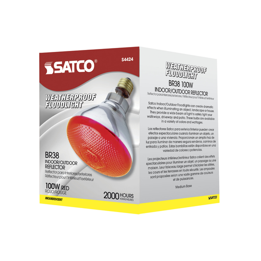 100 Watt BR38 Incandescent; Red; 2000 Average rated hours; Medium base; 120 Volt