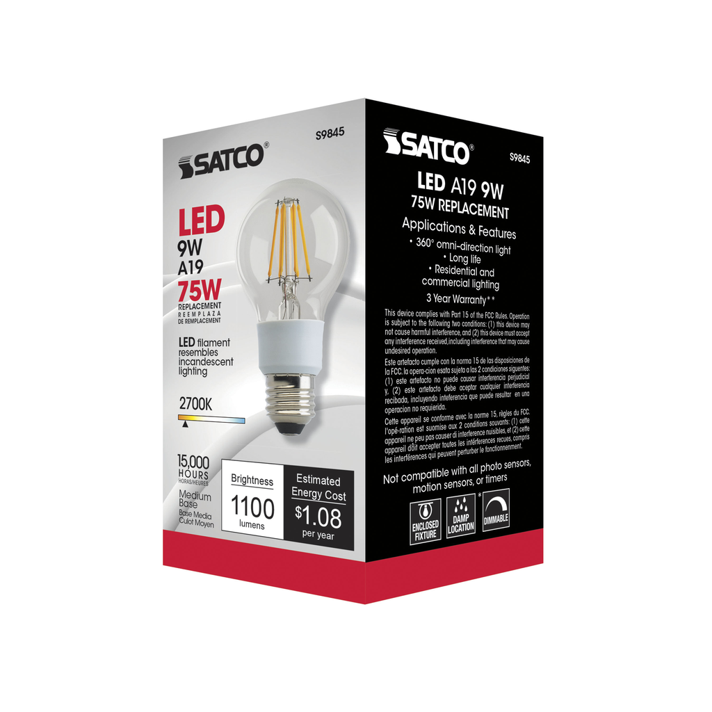 9 Watt A19 LED; Clear; Medium base; 2700K; 1100 Lumens; 120 Volt