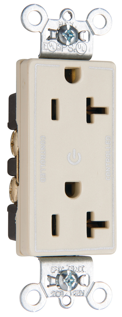 20A 125V Dual-Controlled Plug Load Decorator Duplex Receptacle, Ivory