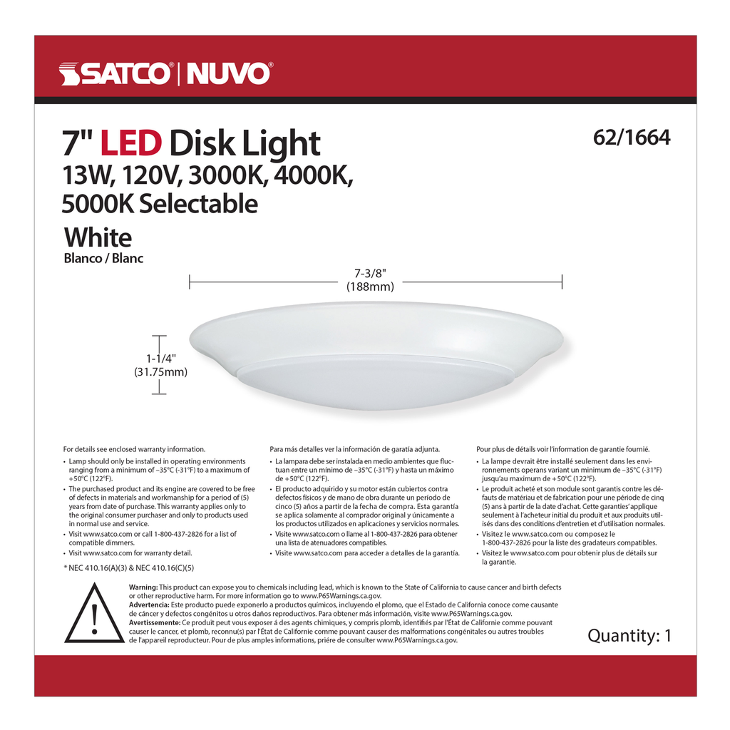 7 inch; LED Disk Light; CCT Selectable 3K/4K/5K; White Finish