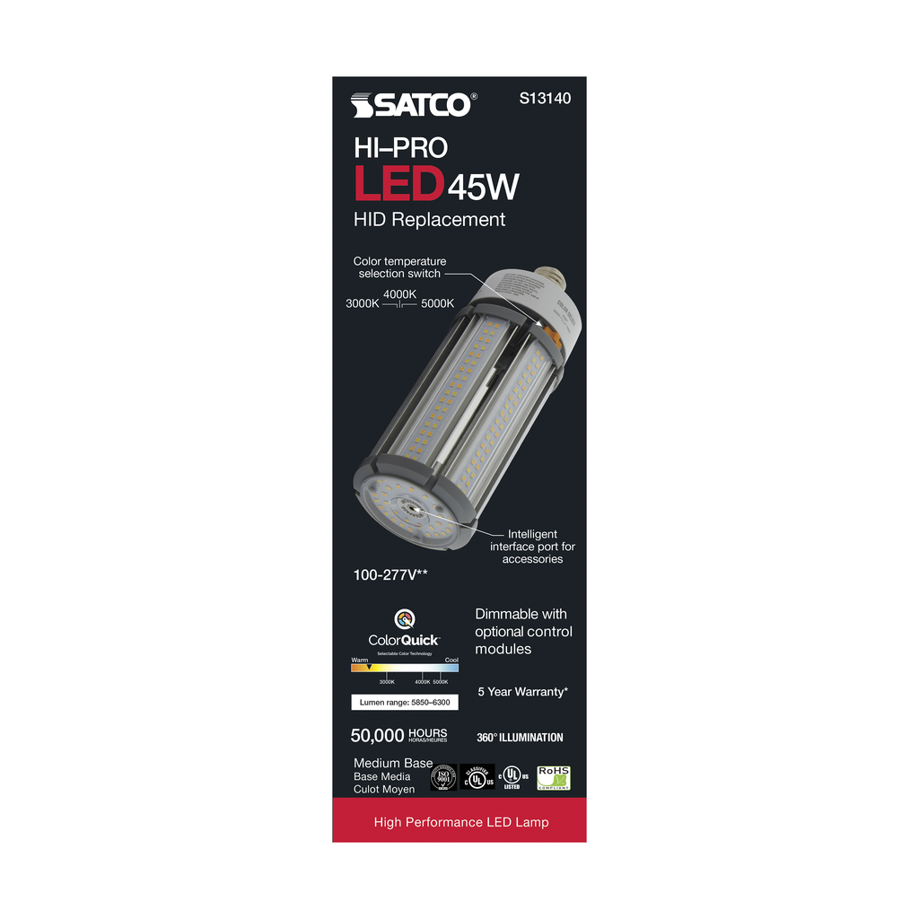 45 Watt; LED HID Replacement; CCT Selectable; Medium base; 100-277 Volt; ColorQuick Technology