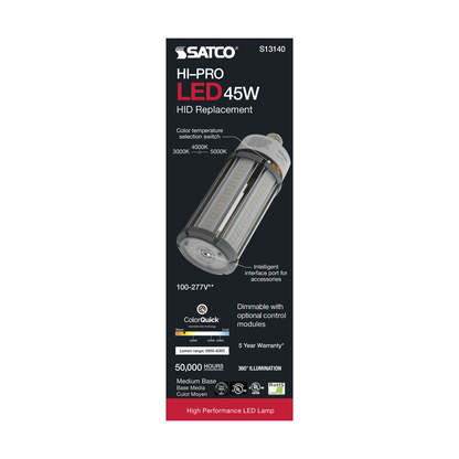 45 Watt; LED HID Replacement; CCT Selectable; Medium base; 100-277 Volt; ColorQuick Technology