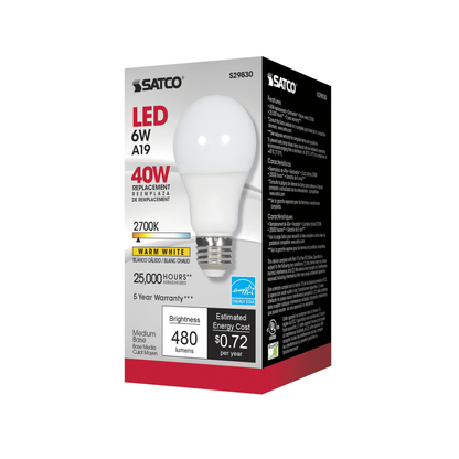 6 Watt; A19 LED; 2700K; Medium base; 220 deg. Beam Angle; 120 Volt