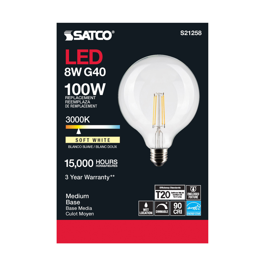 8 Watt G40 LED; Clear; Medium base; 90 CRI; 3000K; 120 Volt