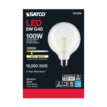8 Watt G40 LED; Clear; Medium base; 90 CRI; 3000K; 120 Volt