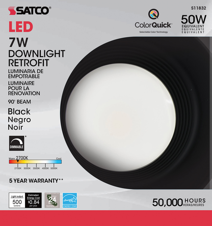 7 Watt; LED Downlight Retrofit; 4 Inch; CCT Selectable; 120 volts; Dimmable; Black Finish