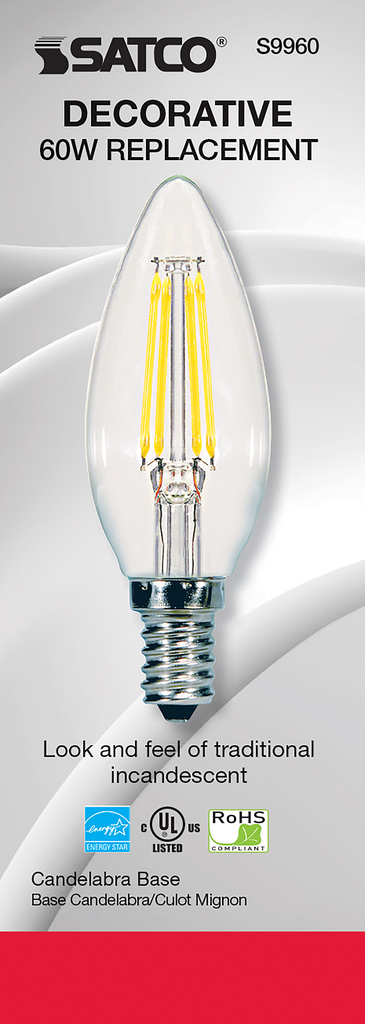 5.5 Watt B11 LED; Clear; Candelabra base; 2700K; 500 Lumens; 120 Volt