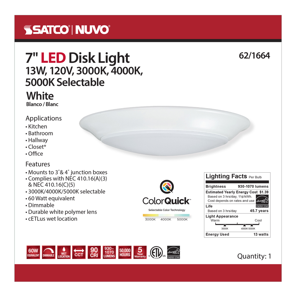 7 inch; LED Disk Light; CCT Selectable 3K/4K/5K; White Finish