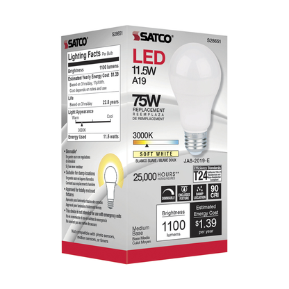 11.5 Watt; A19 LED; 90CRI; 3000K; Medium base; 220 deg. Beam Angle; 120 Volt; 1100 Lumens; CEC